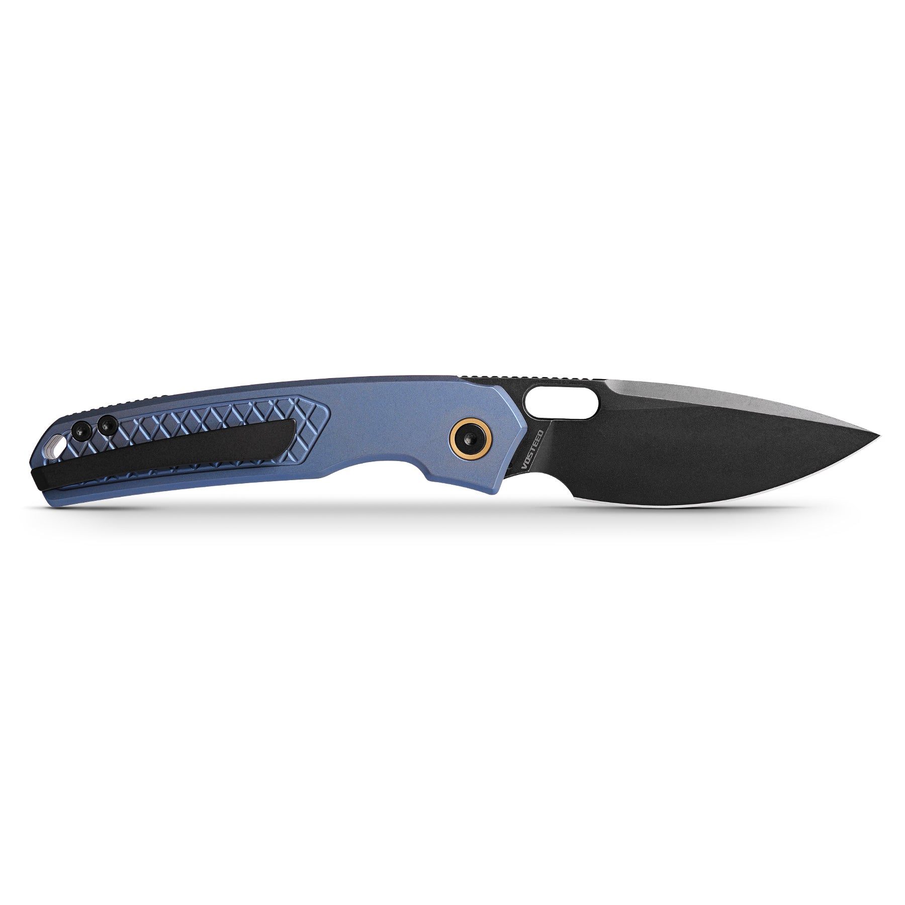 Vosteed Psyop knife with blue titanium handle and black blade