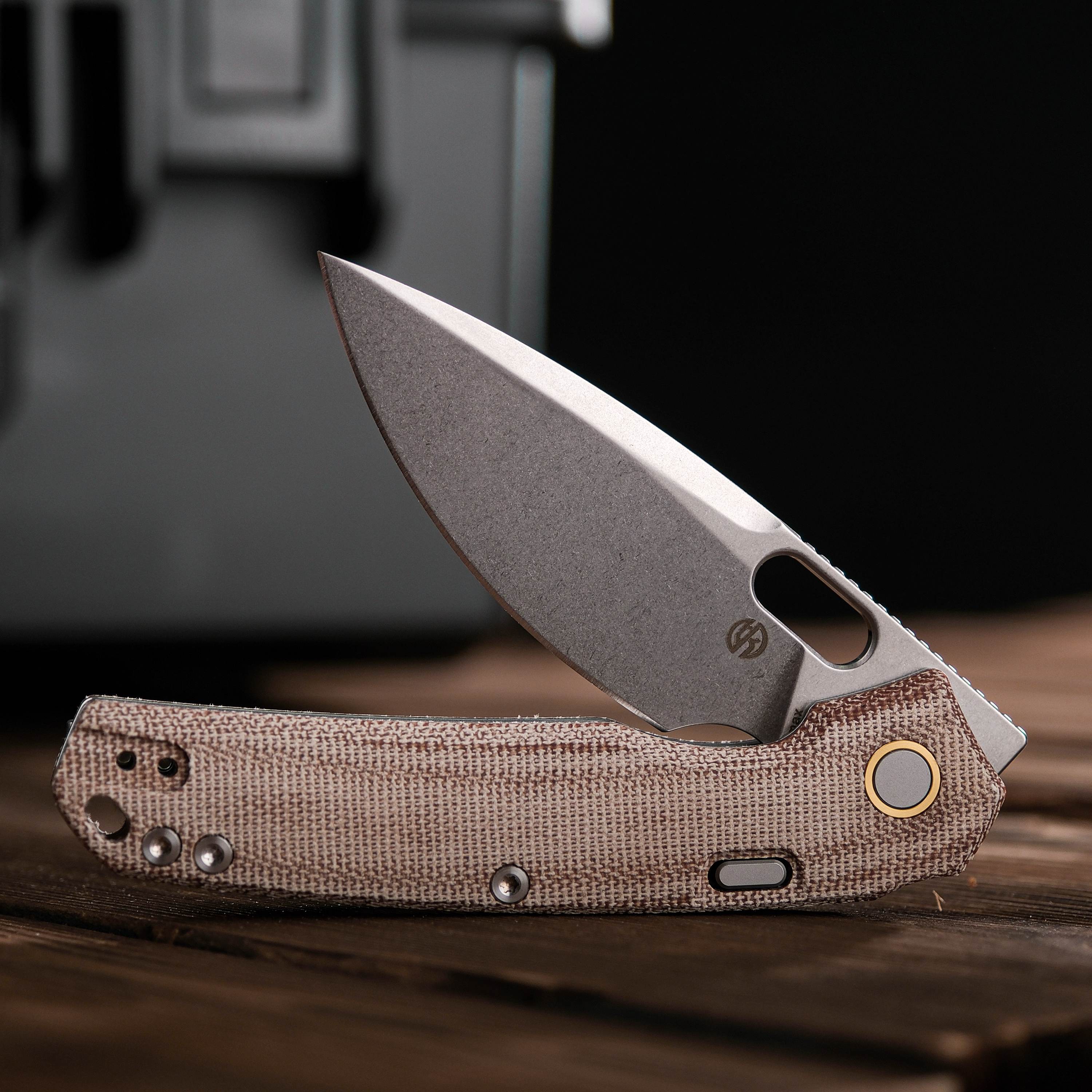 Vosteed Psyop knife with natural Micarta handle, Elmax blade open
