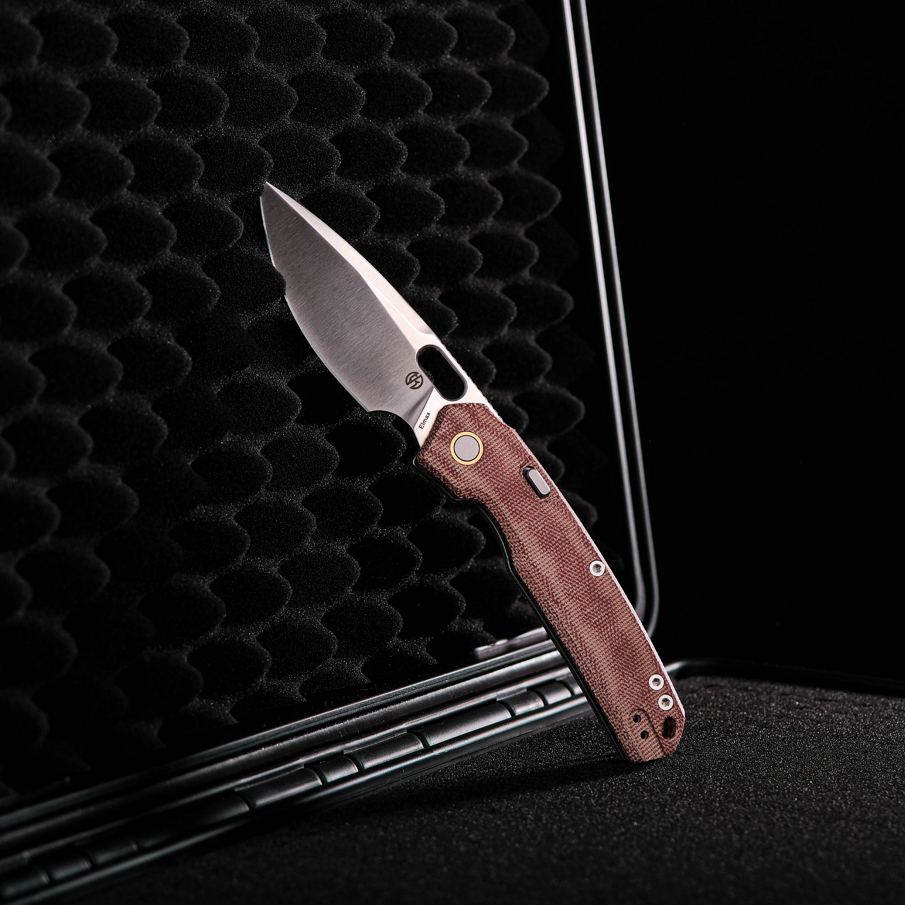 Vosteed Psyop knife in case, brown Micarta handle