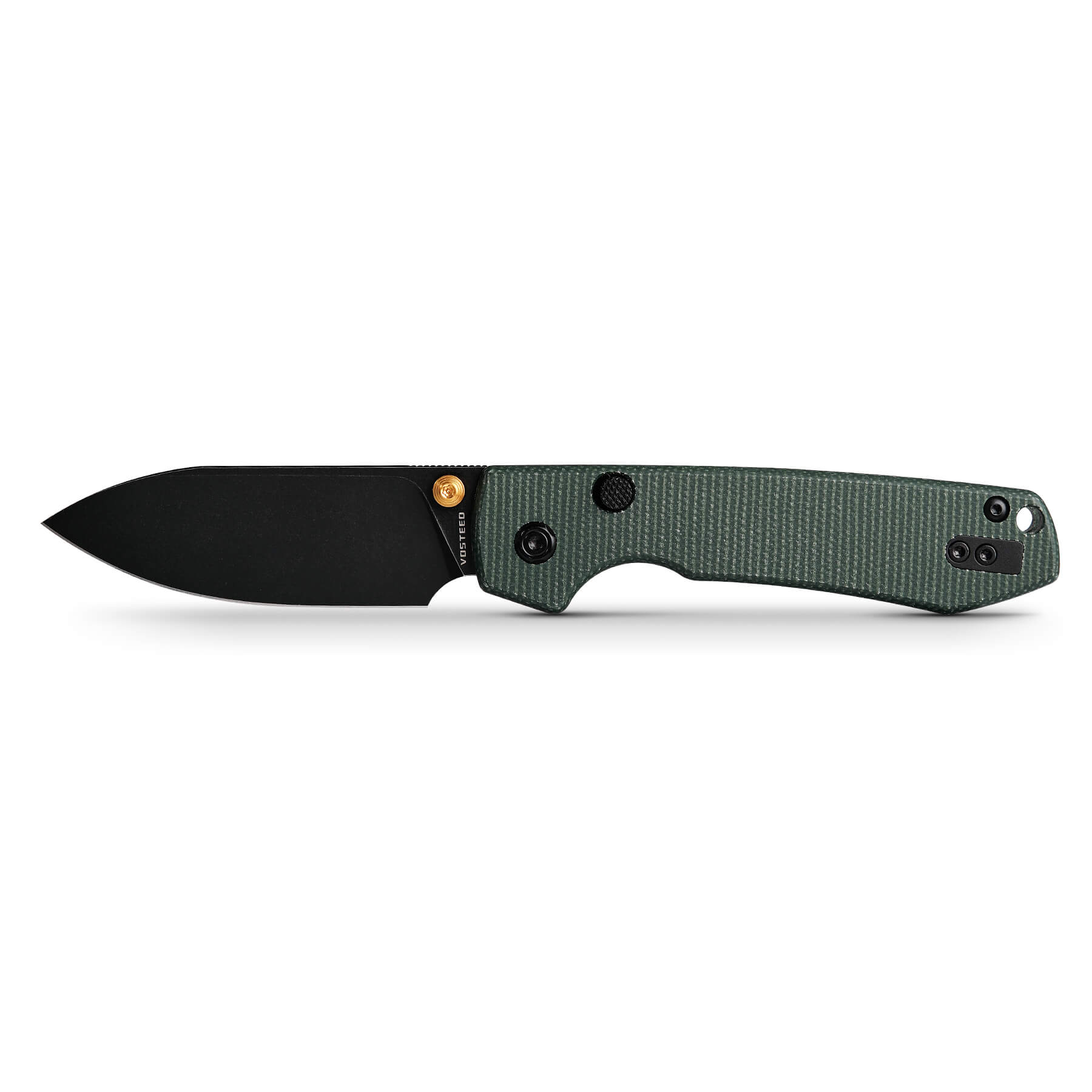 Vosteed Raccoon knife with black blade and green Micarta handle