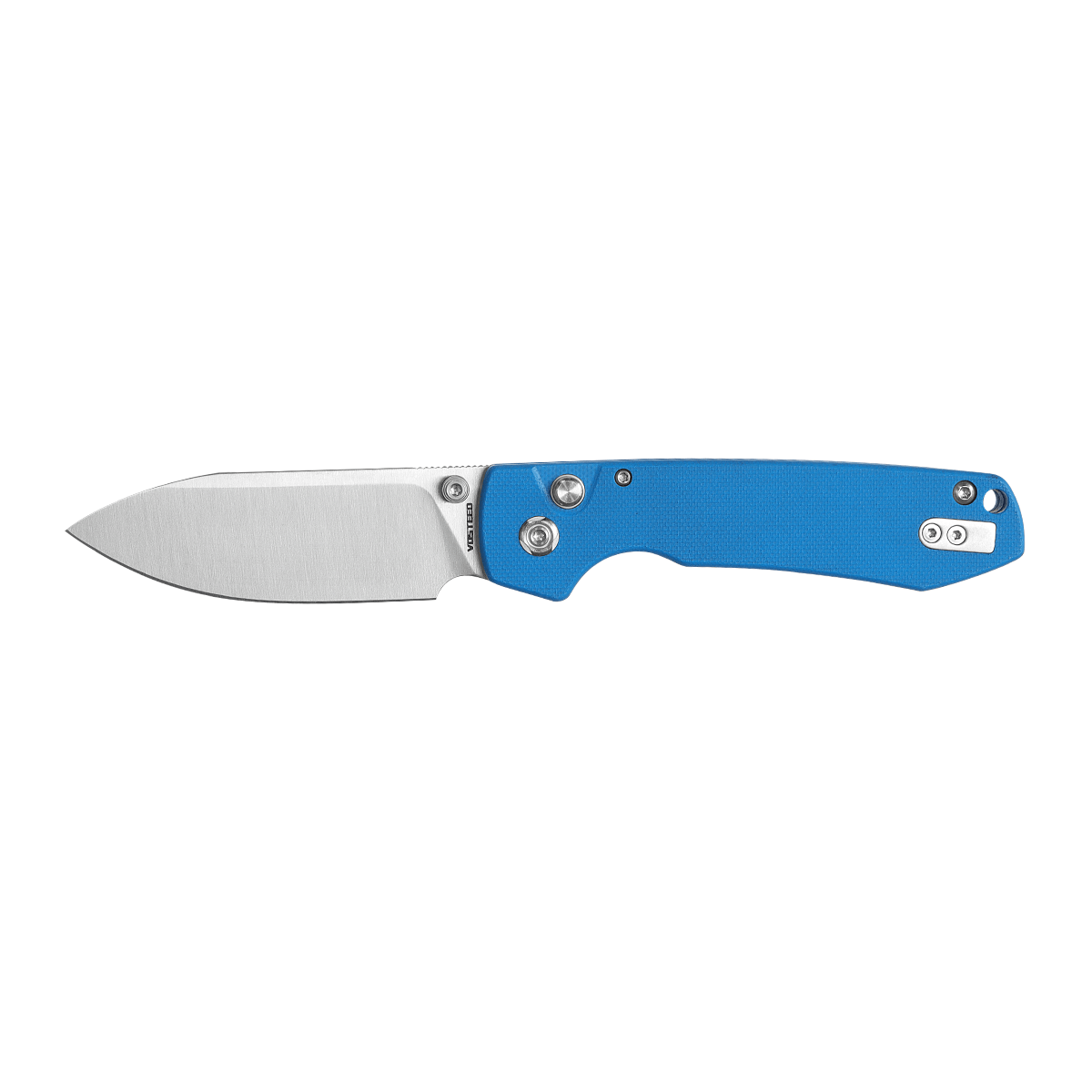 Vosteed Raccoon button lock knife with blue G10 handle