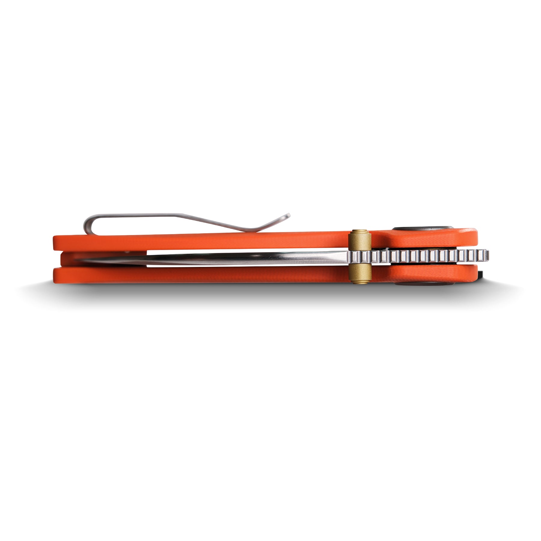 Vosteed Shilin Cutter® side view, orange G10 handle, pocket clip