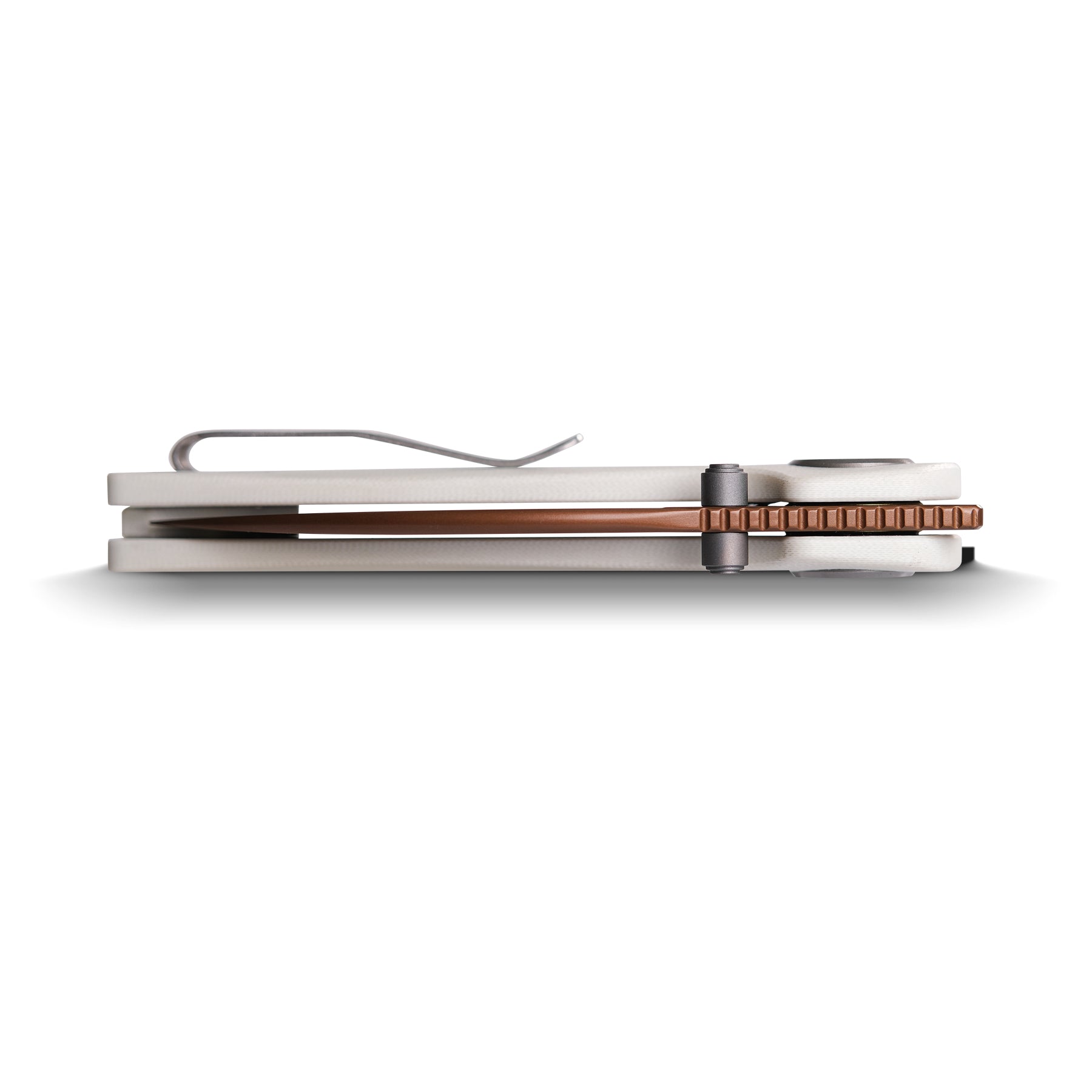Vosteed Shilin Cutter® side view: Copper blade, Vanchor Lock®, white handle
