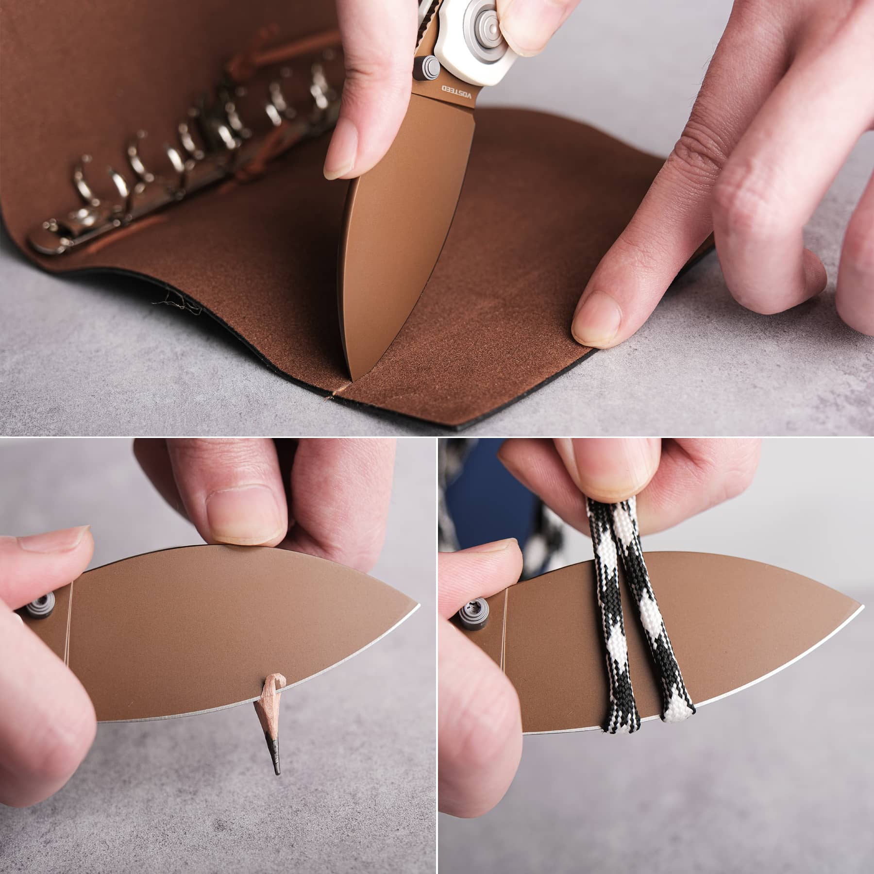 Shilin Cutter® knife demonstrating cutting capabilities on different materials