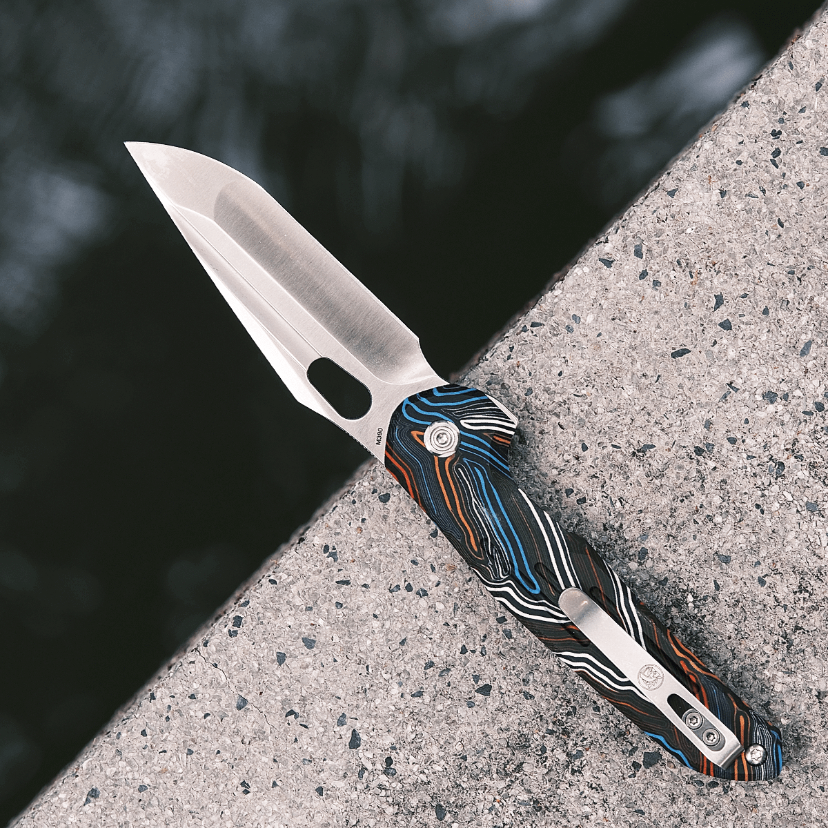 Vosteed Thunderbird Trek Lock knife detail, M390 blade, topo G10 handle