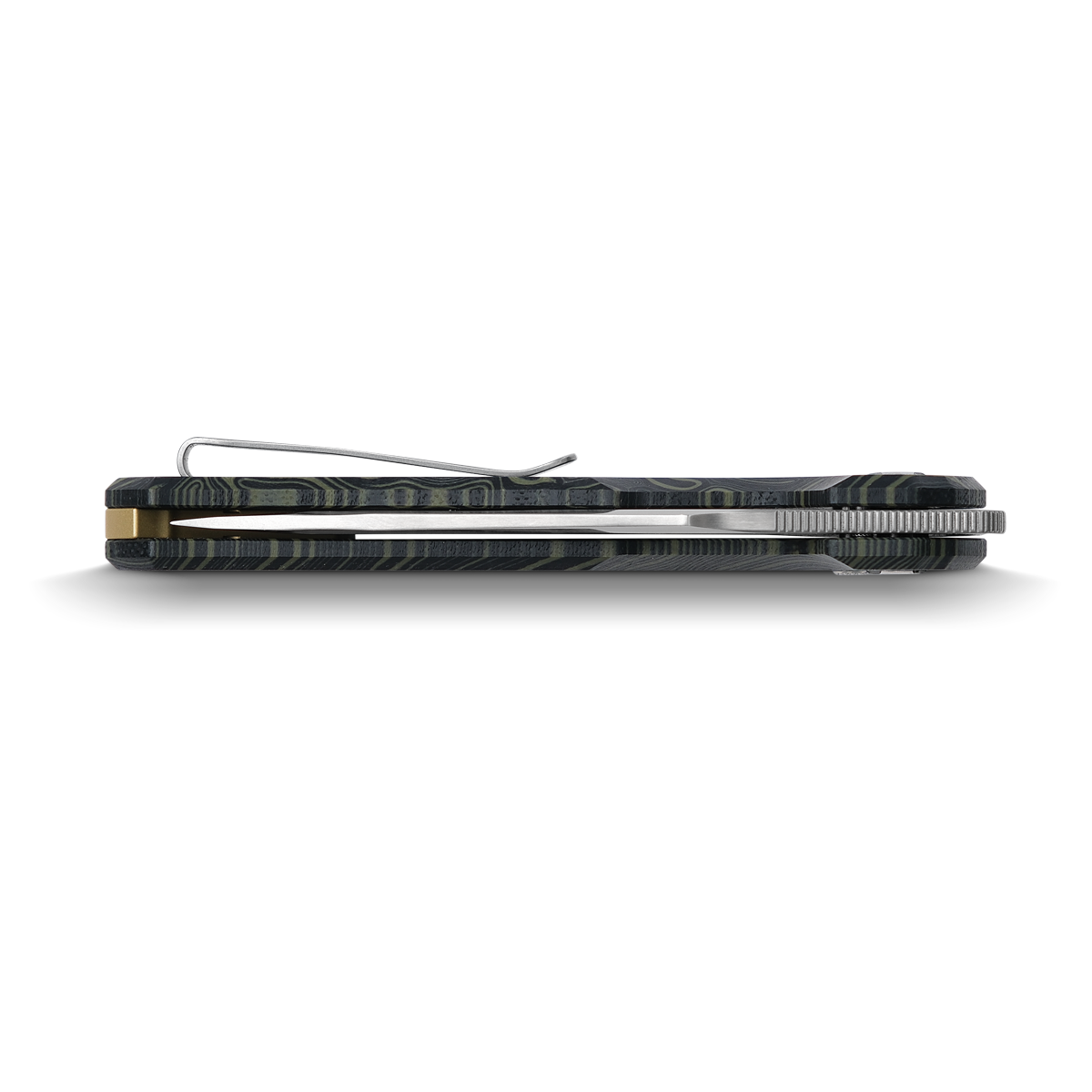 Vosteed Thunderbird knife side profile, topo G10 handle and pocket clip