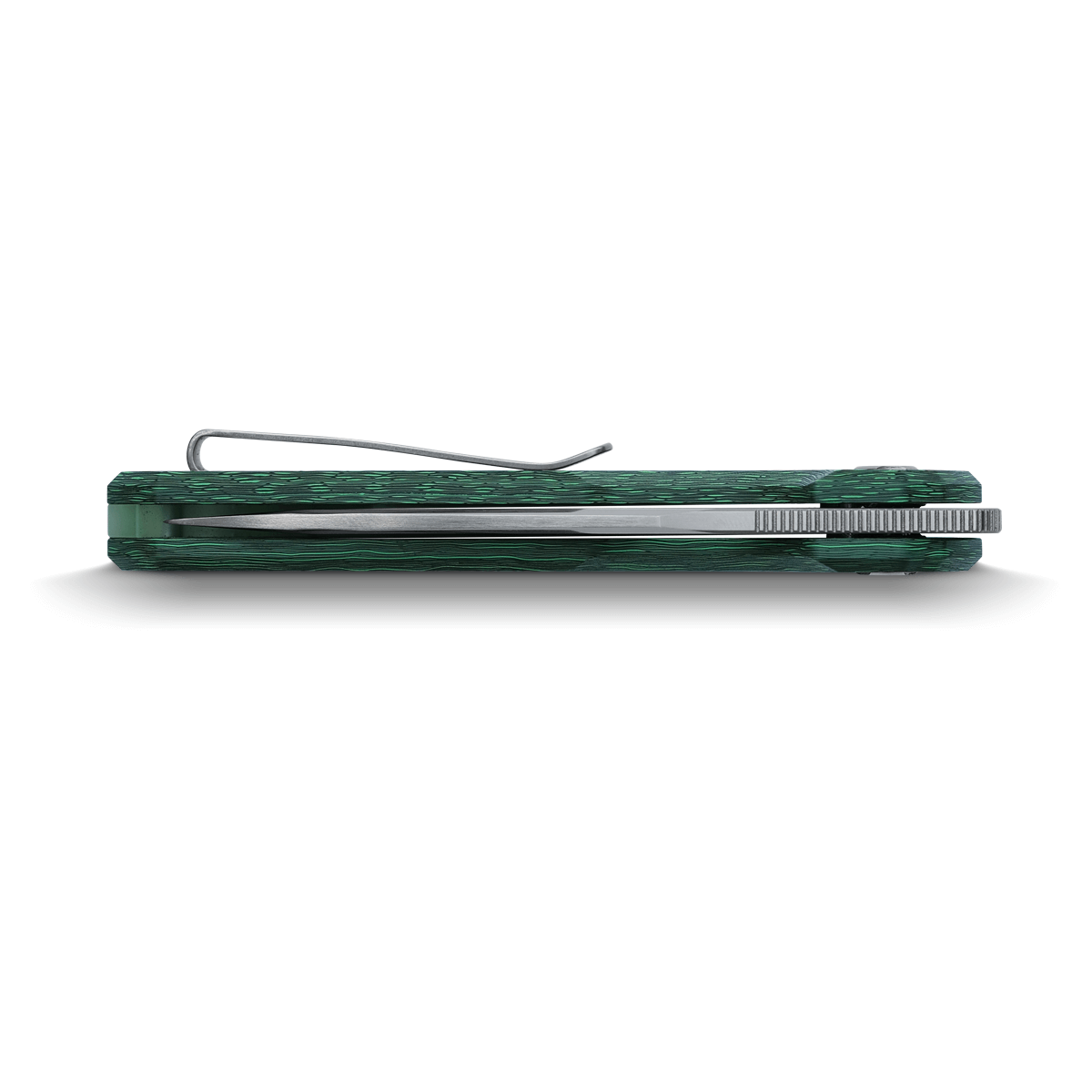 Vosteed Thunderbird knife pocket clip detail, green carbon fiber