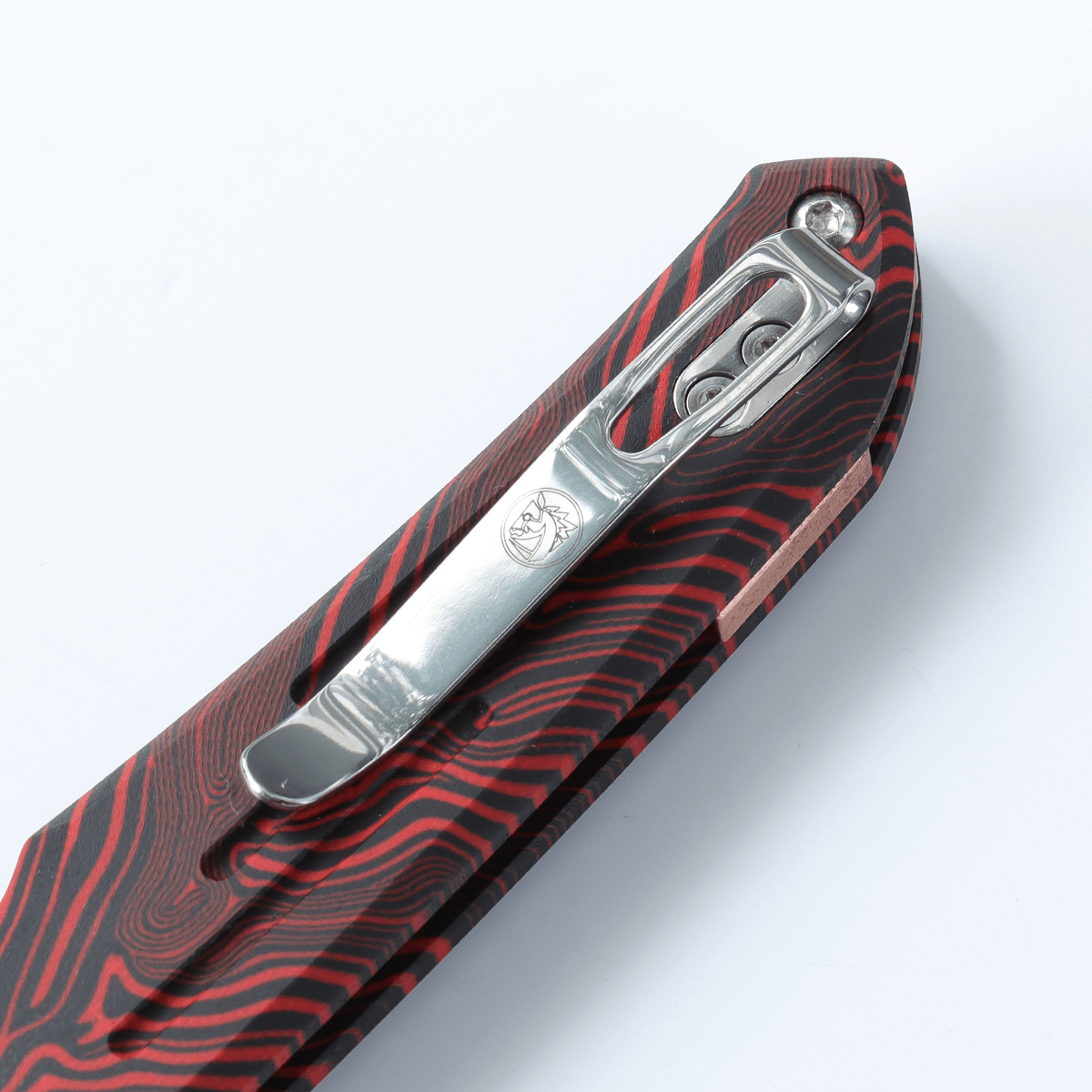 Vosteed Thunderbird knife detail, red GT-Mascus handle and pocket clip