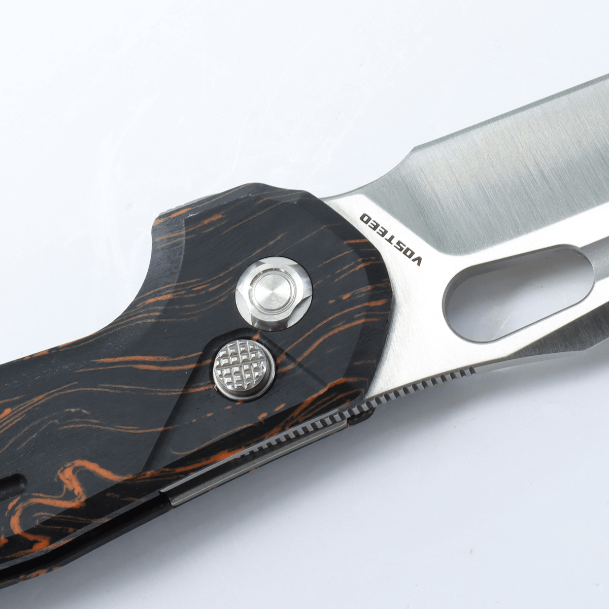 Vosteed Thunderbird knife detail, blade and handle view