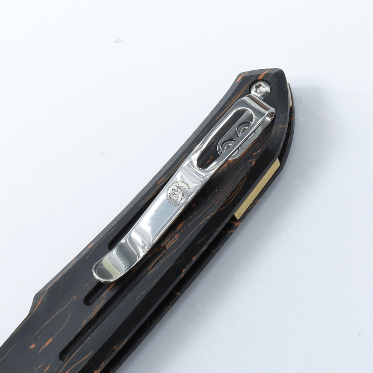 Vosteed Thunderbird knife, detail of pocket clip and G10 handle