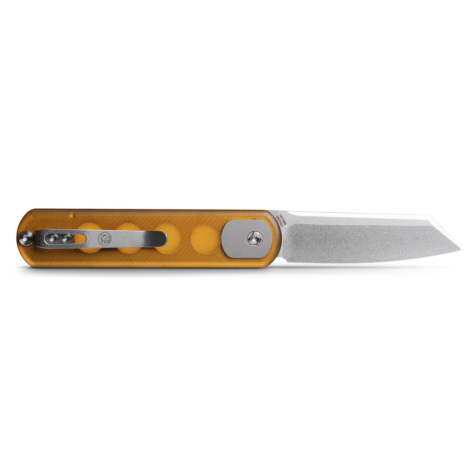 Vosteed Corgi knife with amber handle and drop point blade