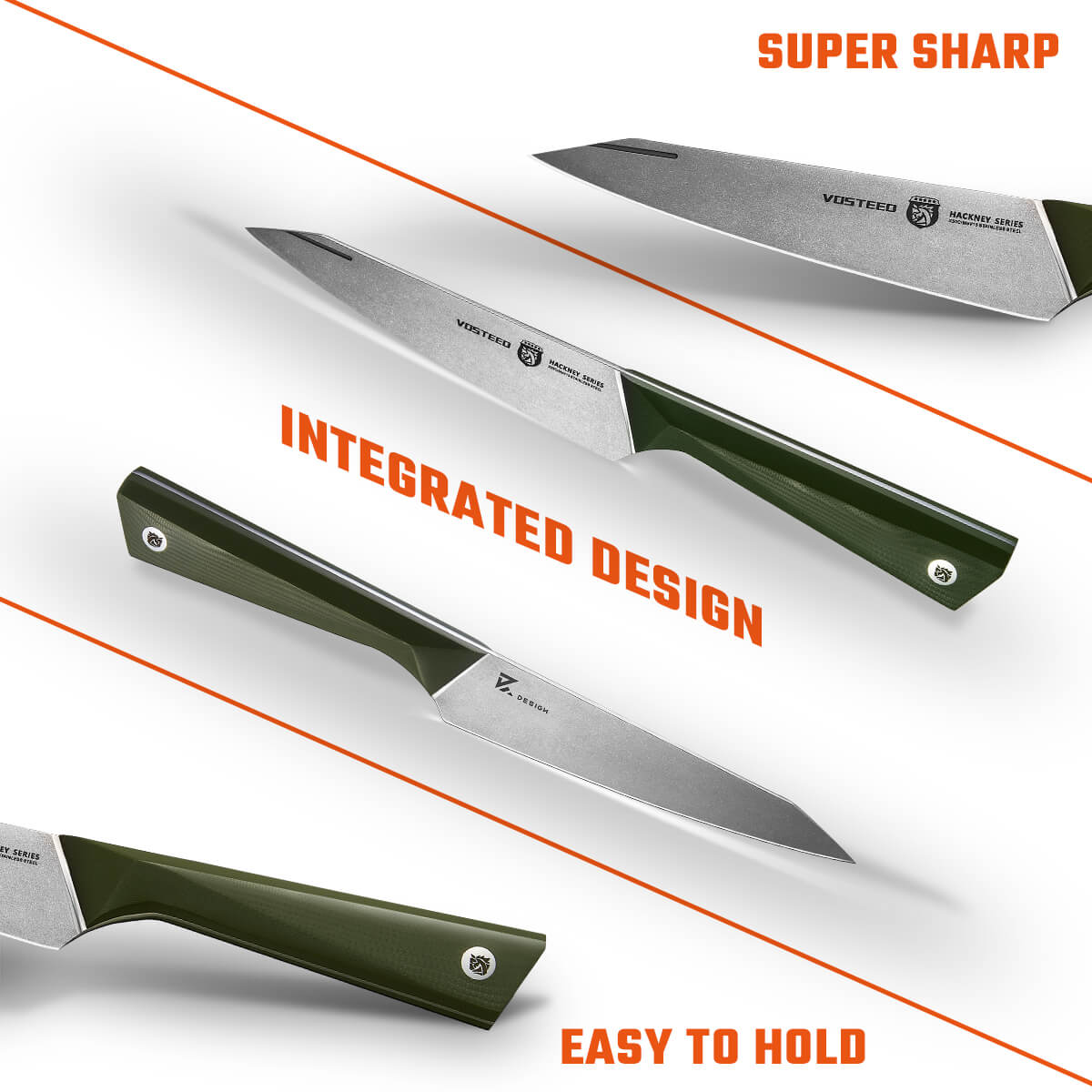 Vosteed Hackney Utility Knife, green handle, sharp blade, integrated design