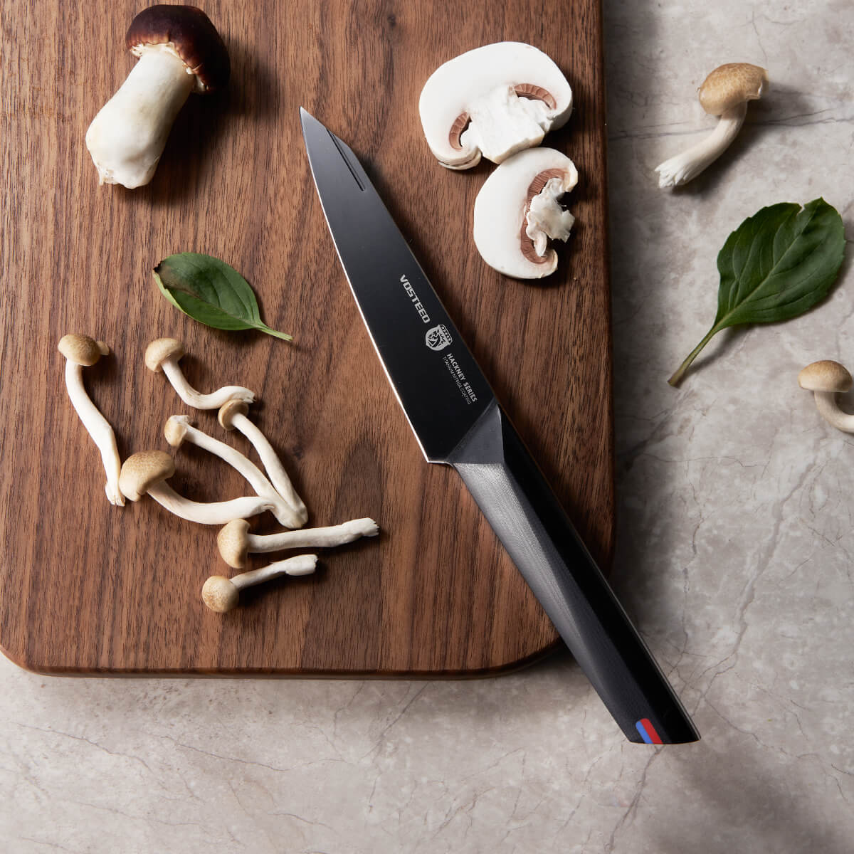 Vosteed Hackney Utility Knife with mushrooms on cutting board