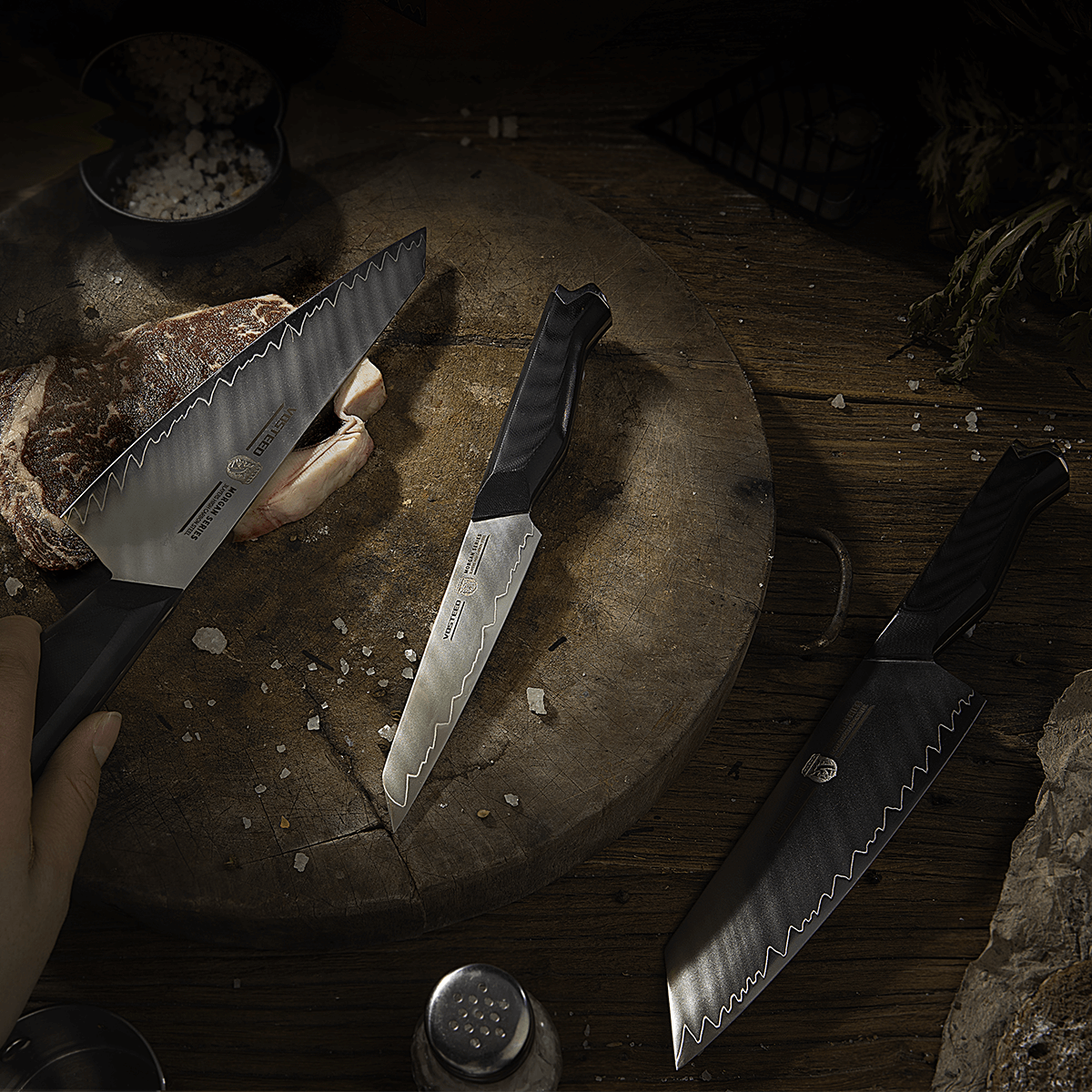 Vosteed Morgan Series knives with raw meat on a wooden surface