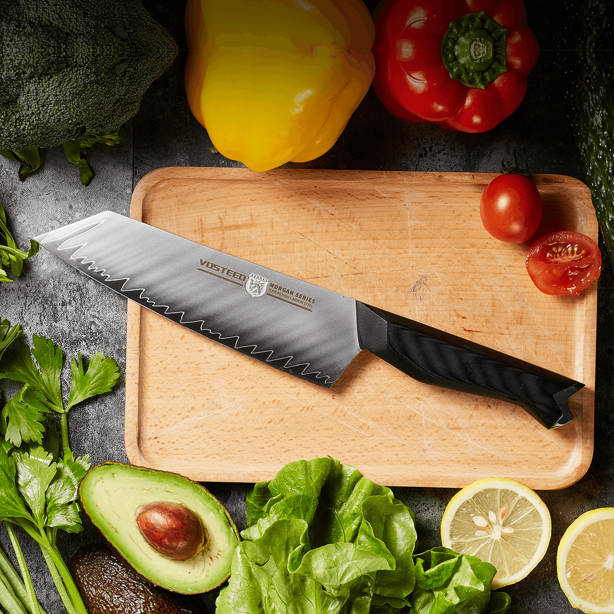 Vosteed Morgan Santoku knife with vegetables