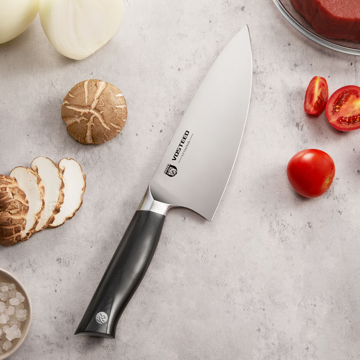 Vosteed Stallion Chef Knife with ingredients