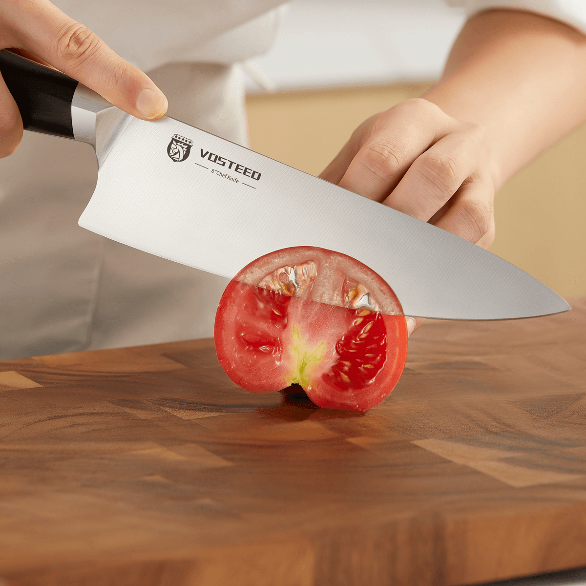 Vosteed Stallion I Chef's Knife slicing tomato