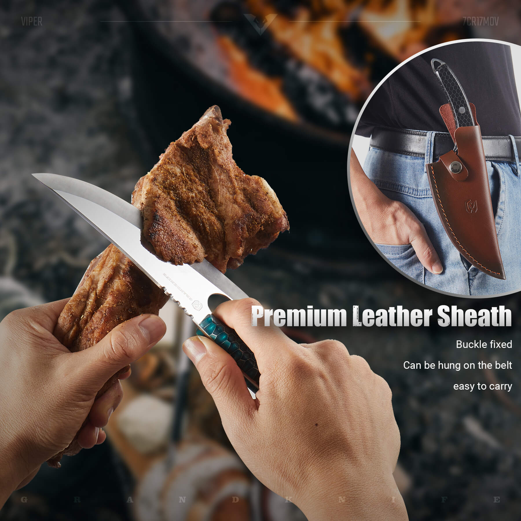 Viper boning knife cutting meat, featuring premium leather sheath #color_green