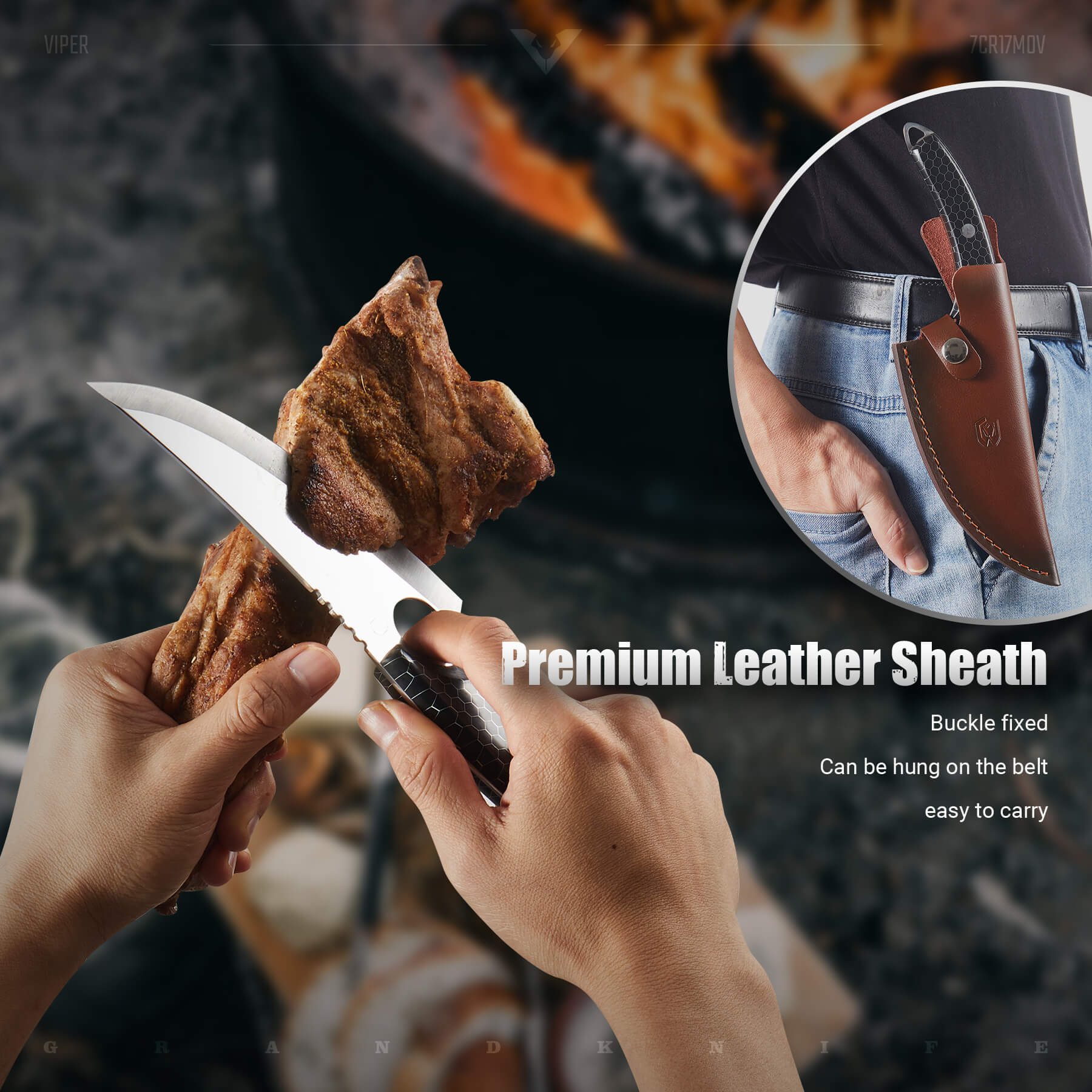 Viper Boning Knife cutting meat, showcasing the premium leather sheath #color_black