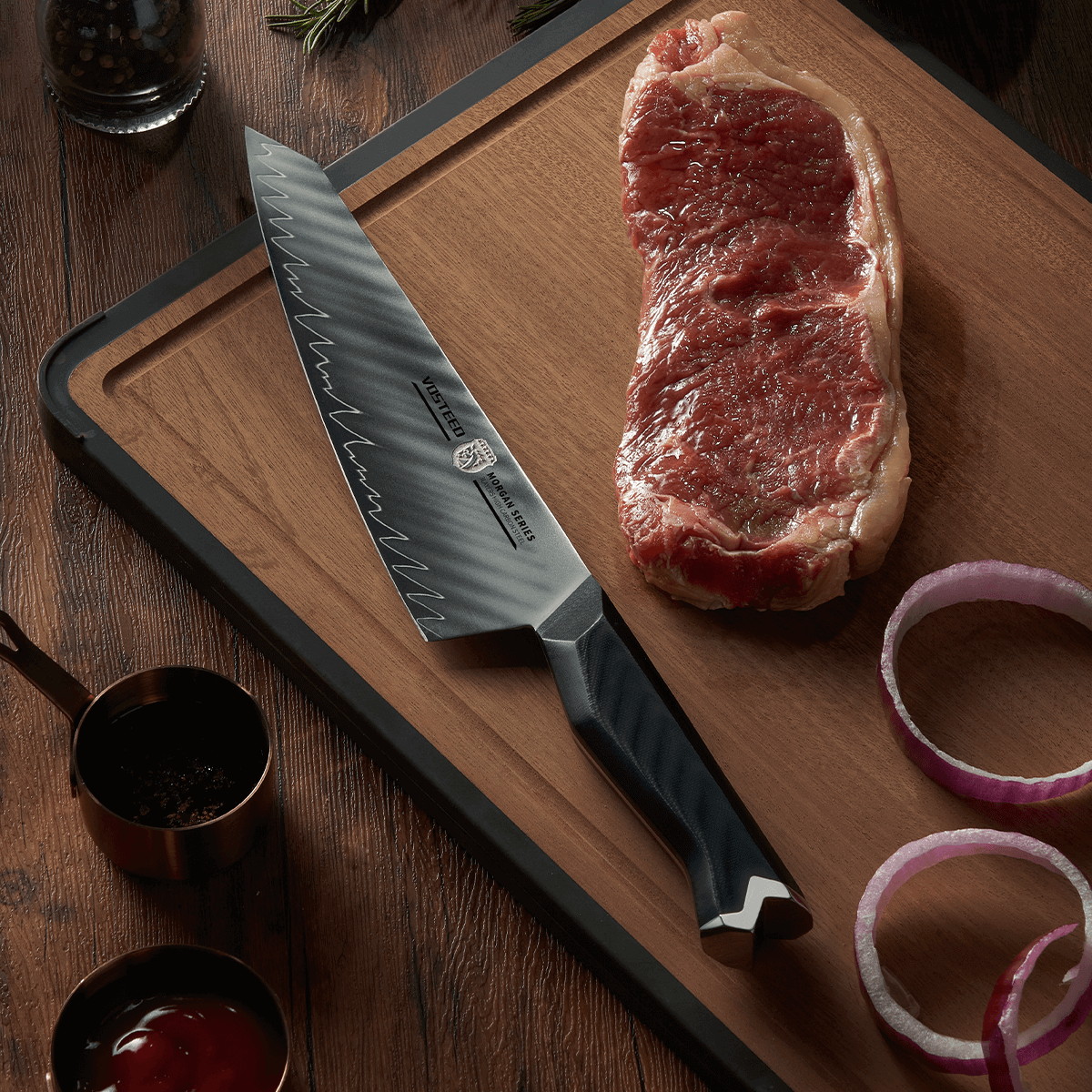 Vosteed Morgan Chef Knife and steak on cutting board