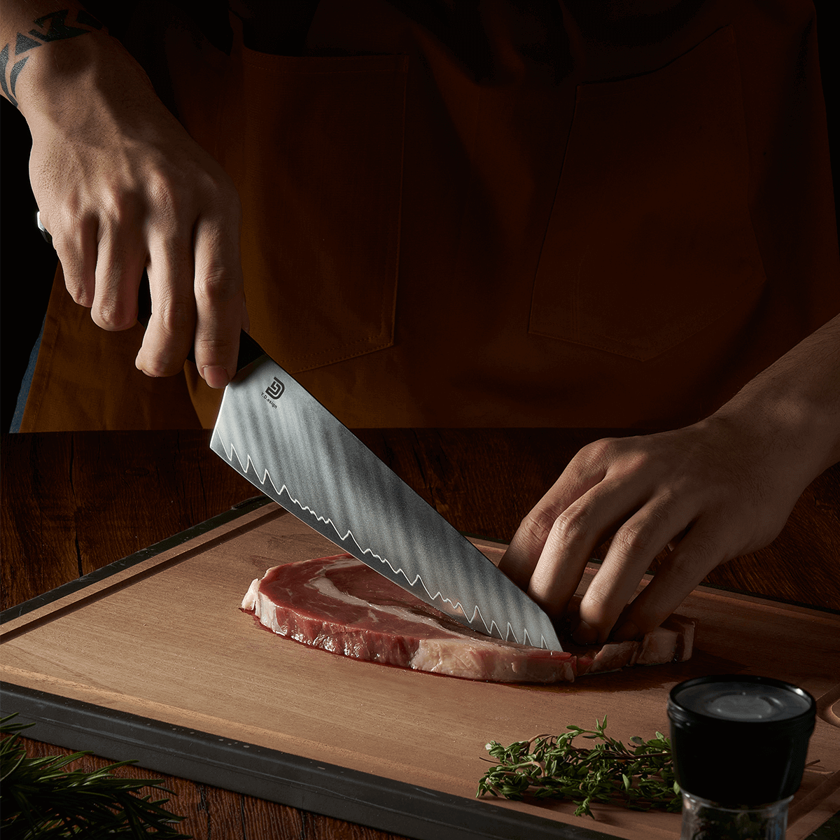 Vosteed Morgan Chef Knife cutting steak
