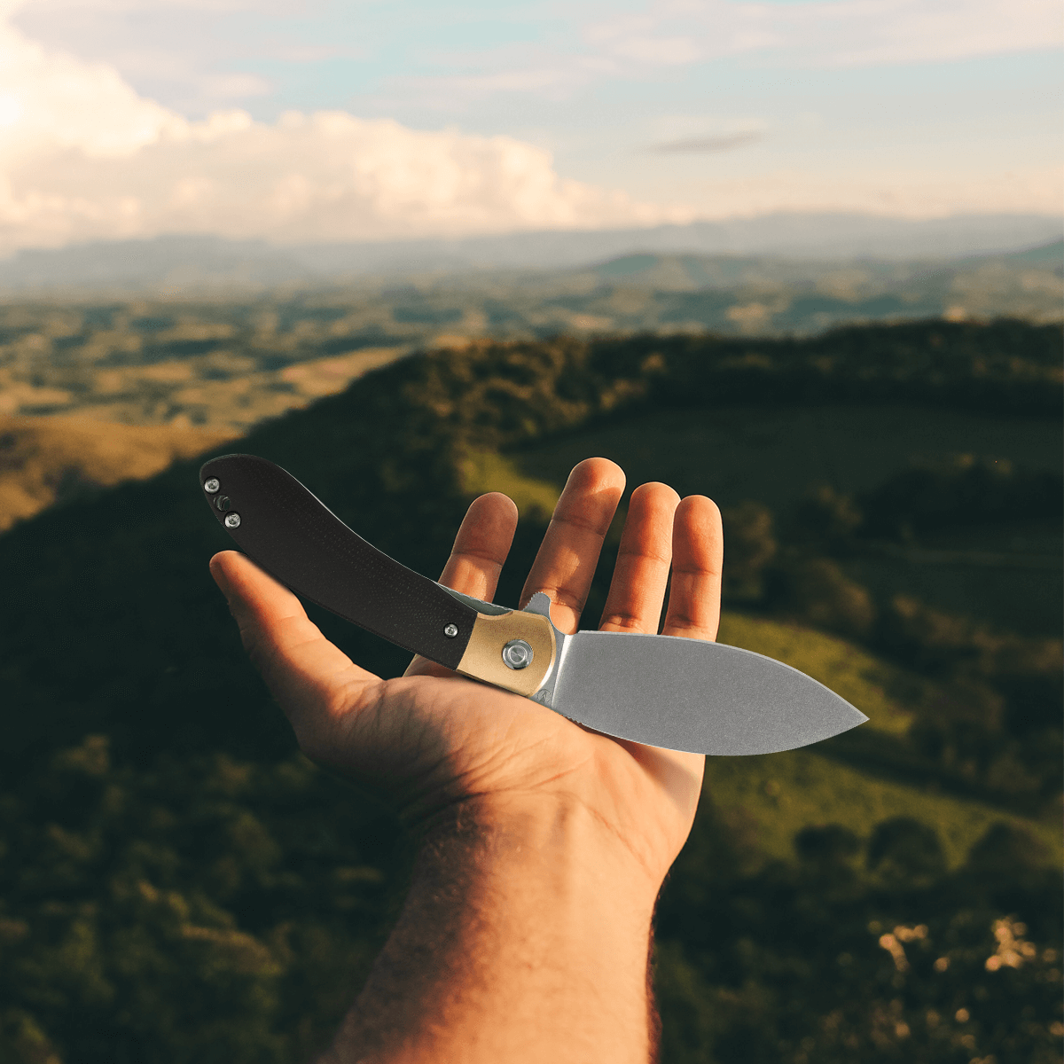 Vosteed Nightshade Knife held in hand, brass and black details, outdoor background #color_Brass-&-Black