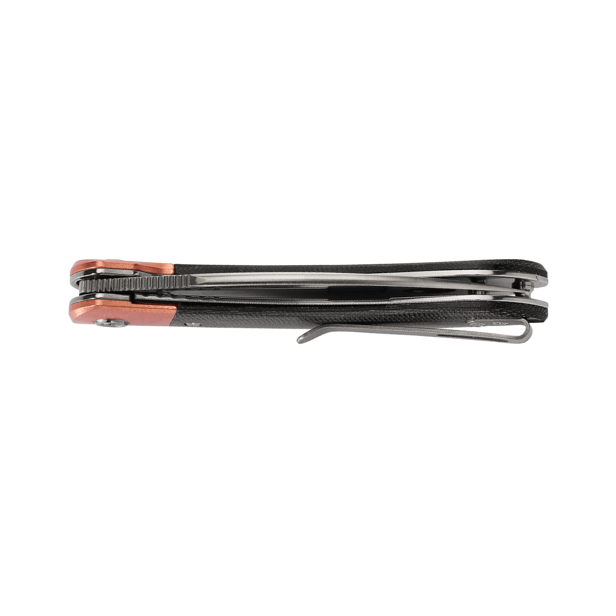 Vosteed Nightshade: Side view of the folding knife with pocket clip #color_Copper-&-Black