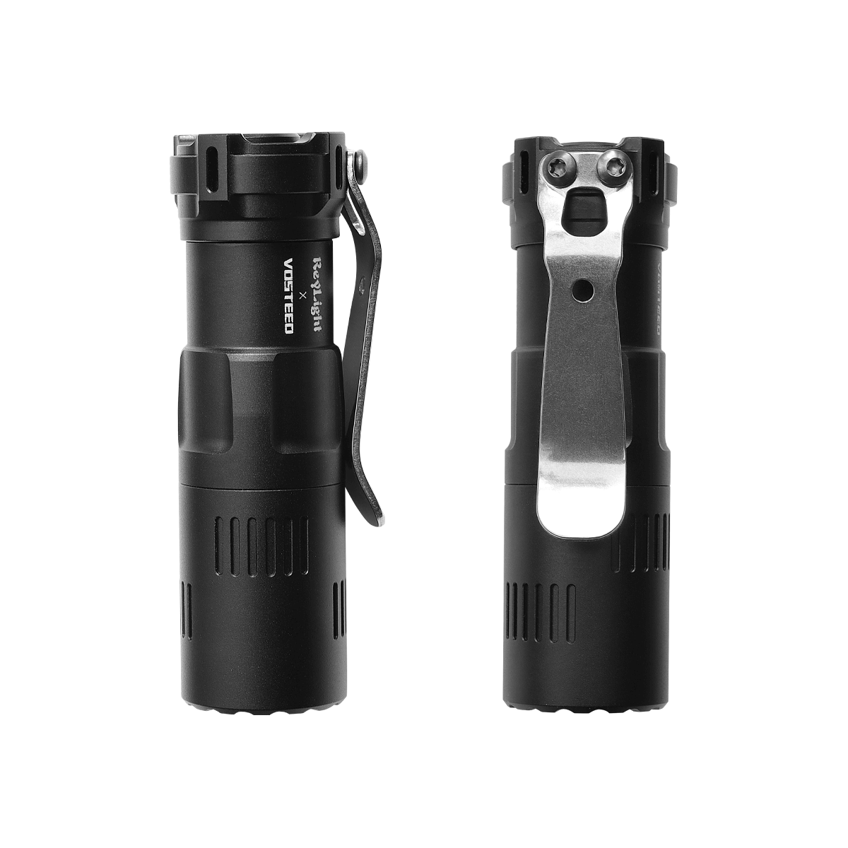 Vosteed Rook EDC Flashlight, black, showing pocket clip and detail