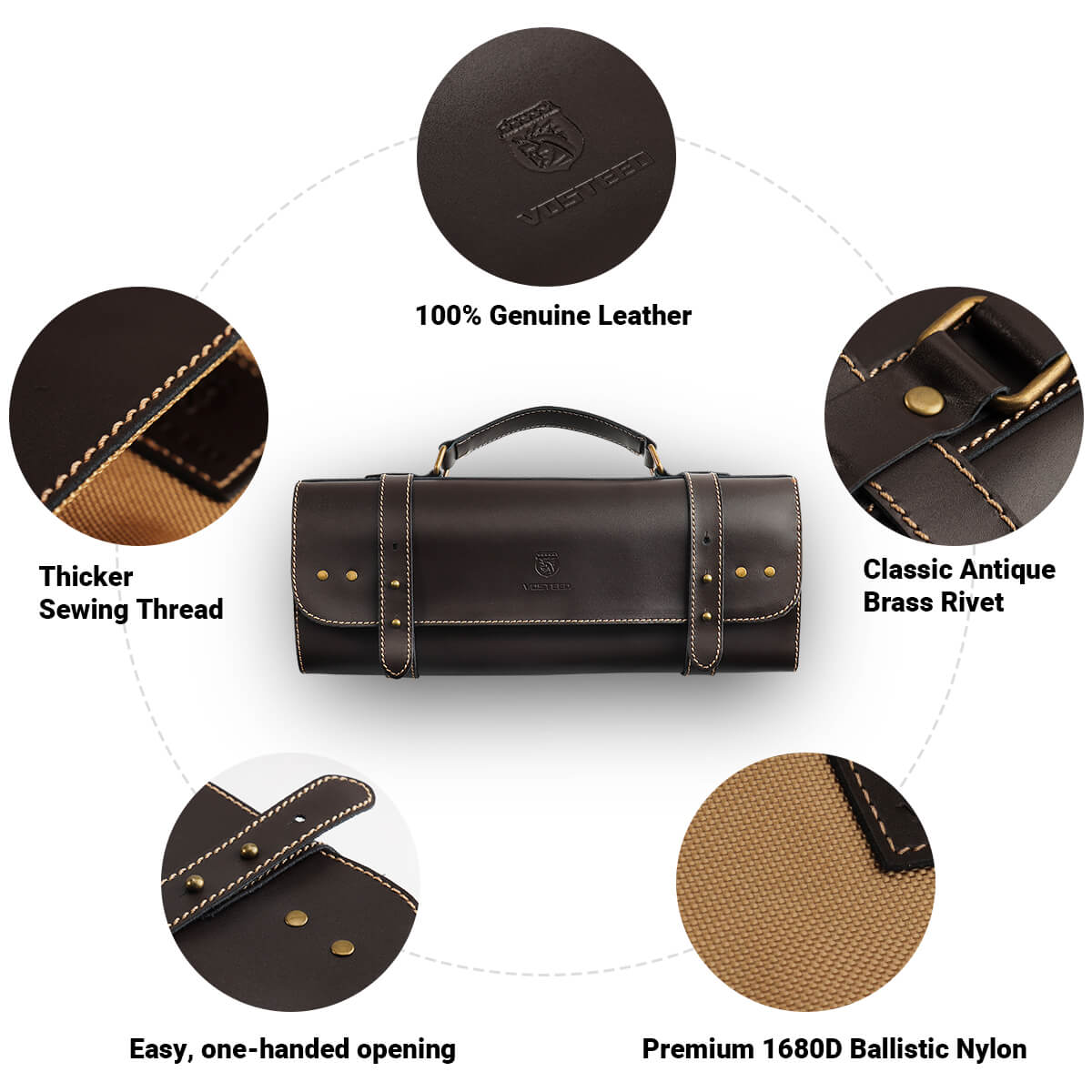 Vosteed knife roll bag features: leather, nylon, brass rivet