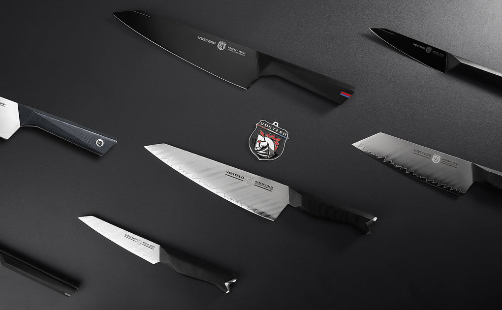 Collection of Vosteed kitchen knives displayed on a black background, featuring various knife types including chef knives, santoku, and utility knives with both black and silver blades