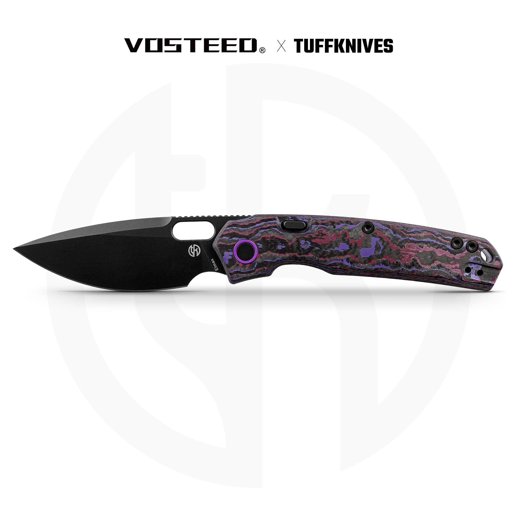 BLADEHQ Exclusive Vosteed Psyop Top Liner Lock Knife Purple Haze Fatcarbon (3.3" Black Elmax) A2226
