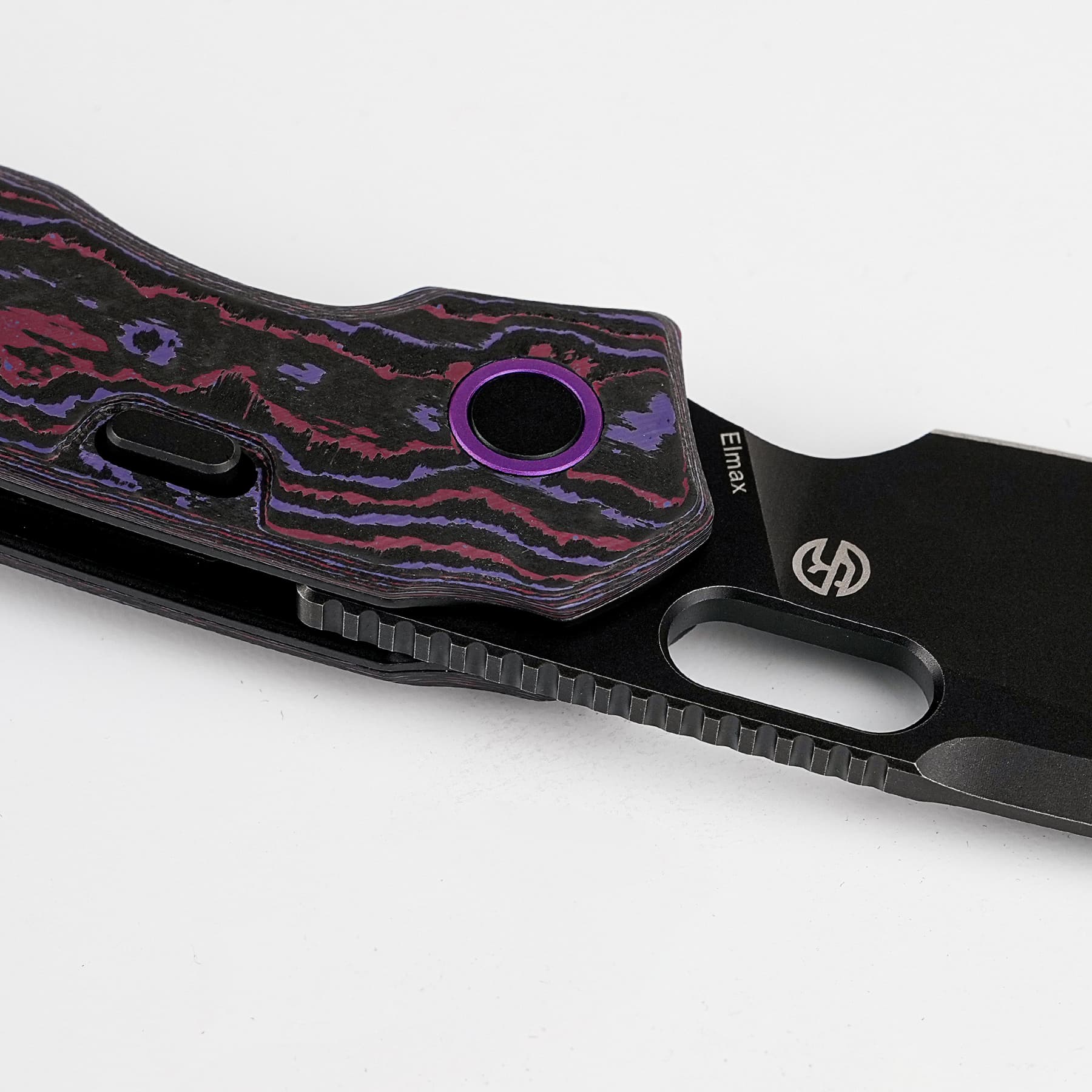 BLADEHQ Exclusive Vosteed Psyop Top Liner Lock Knife Purple Haze Fatcarbon (3.3" Black Elmax) A2226