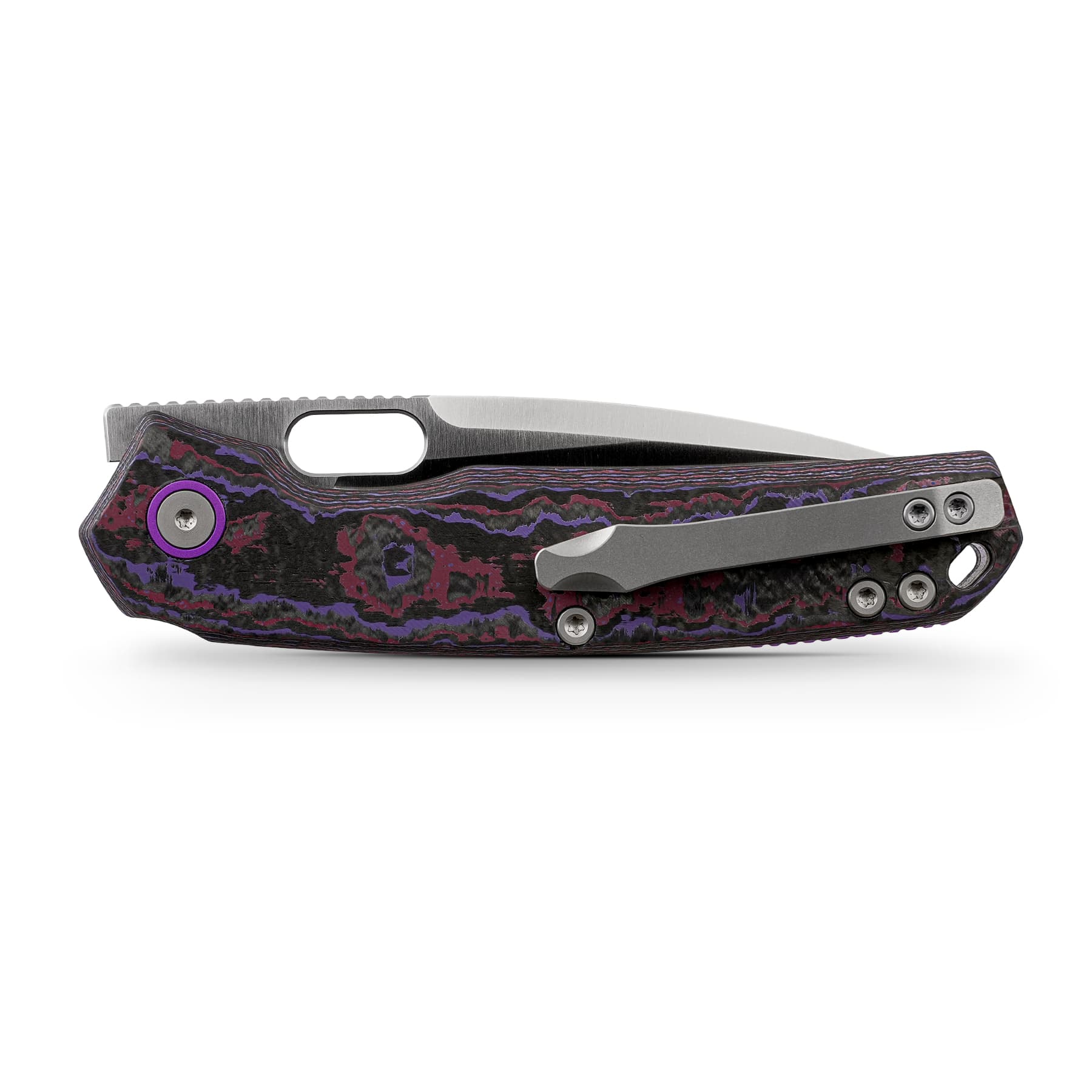 BLADEHQ Exclusive Vosteed Psyop Top Liner Lock Knife Purple Haze Fatcarbon (3.3" Satin Elmax) A2227