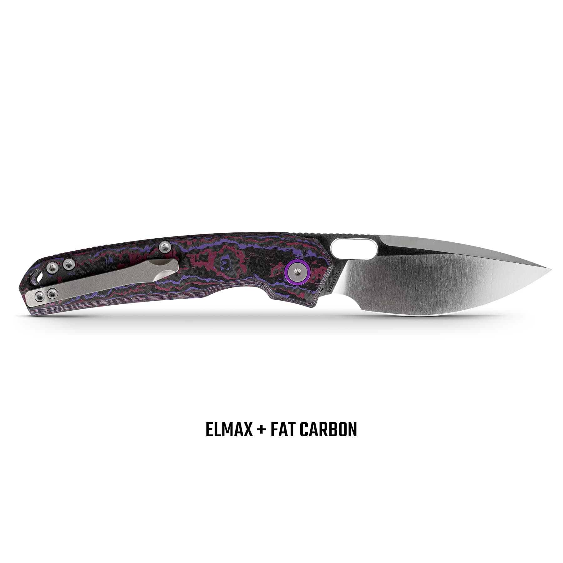 BLADEHQ Exclusive Vosteed Psyop Top Liner Lock Knife Purple Haze Fatcarbon (3.3" Satin Elmax) A2227