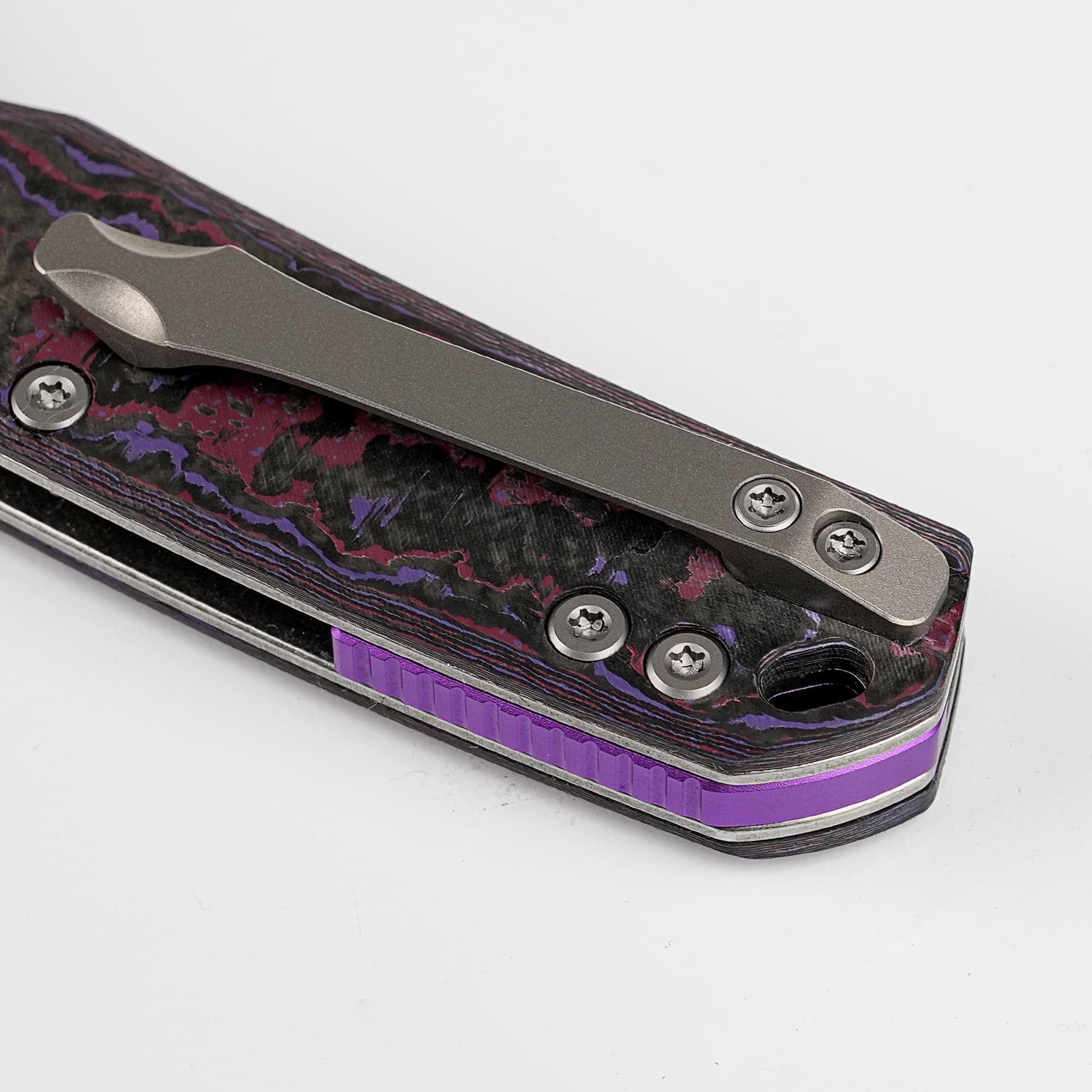 BLADEHQ Exclusive Vosteed Psyop Top Liner Lock Knife Purple Haze Fatcarbon (3.3" Satin Elmax) A2227
