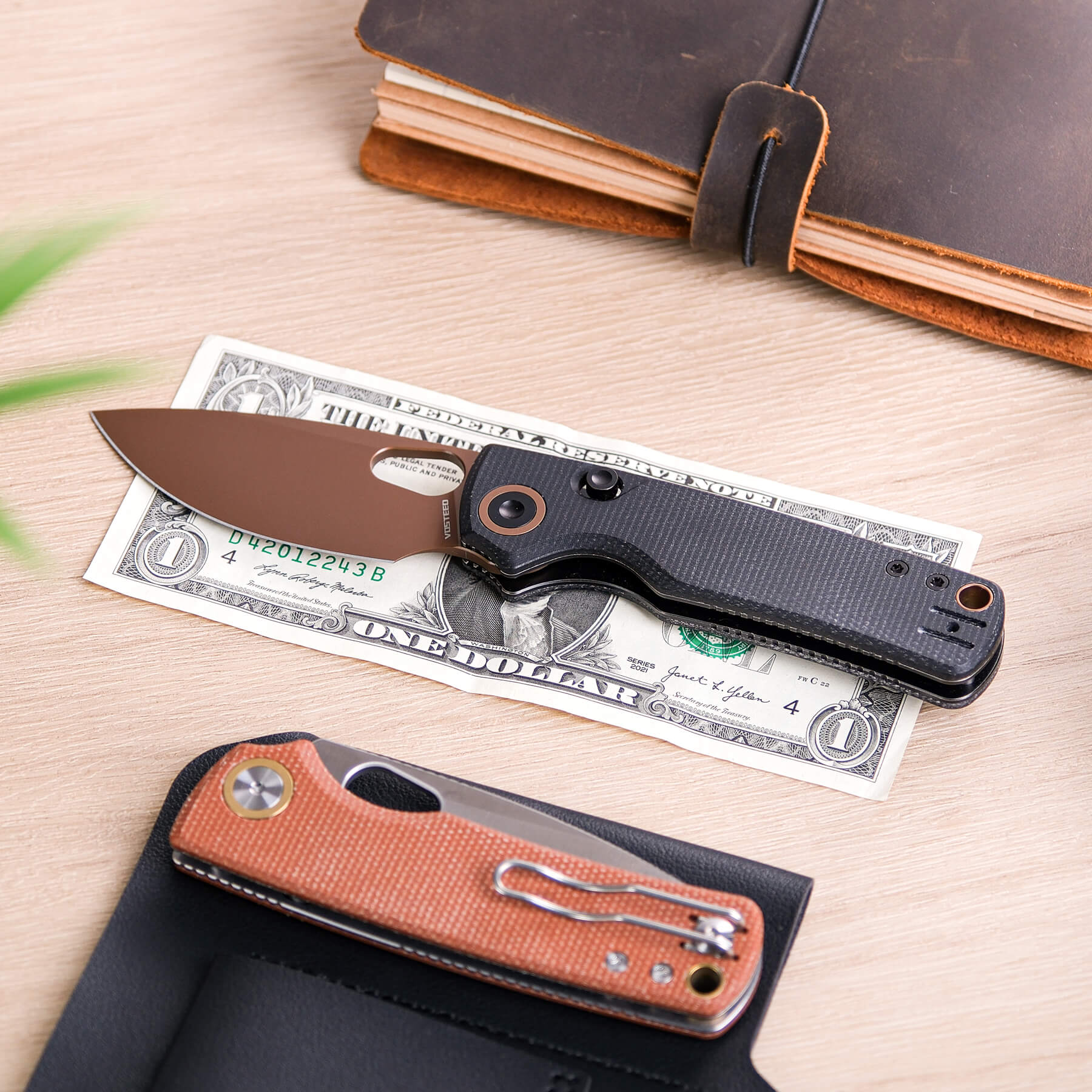Vosteed Porcupine knife next to a one dollar bill for size reference