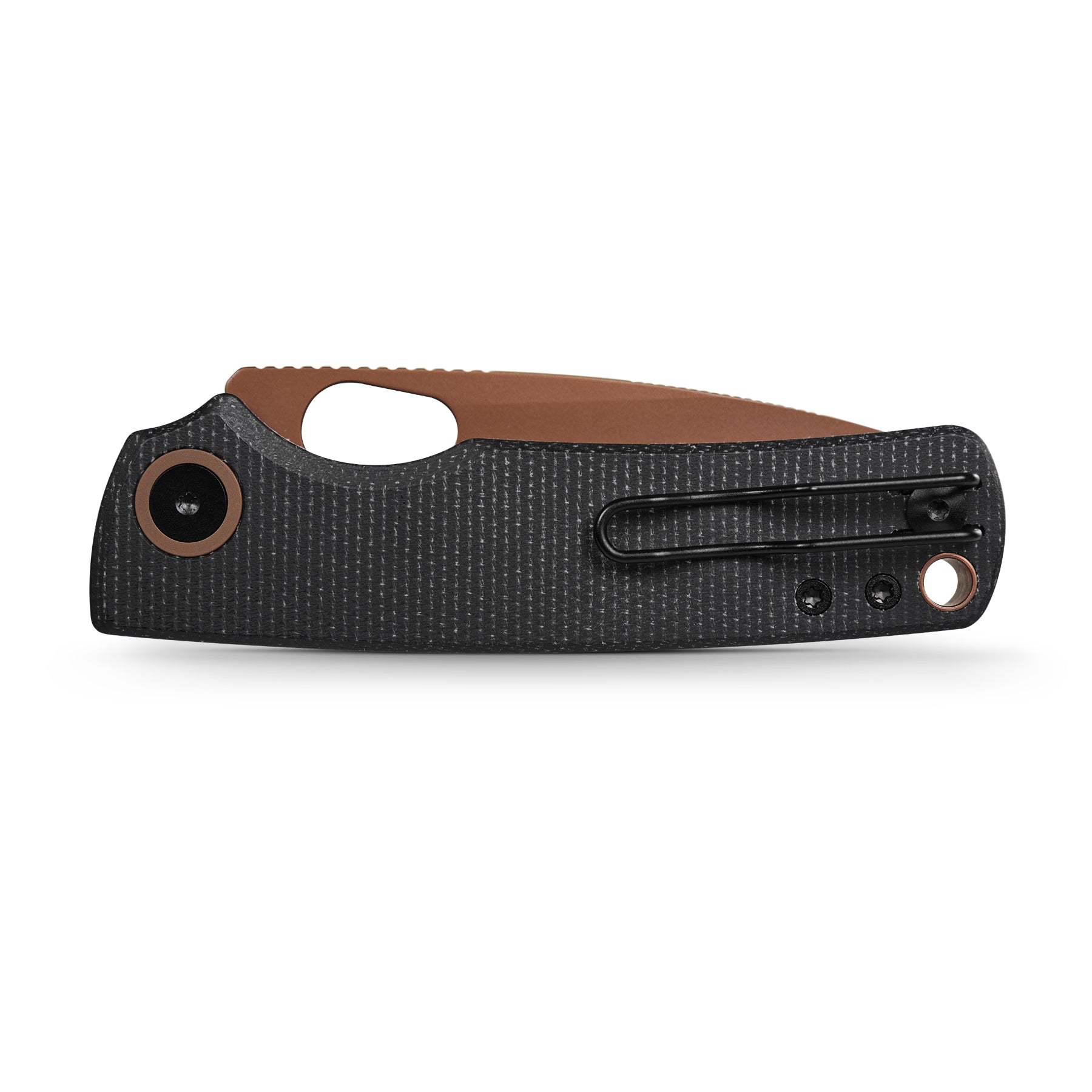Black Micarta Vosteed Porcupine knife with a copper dune blade and pocket clip