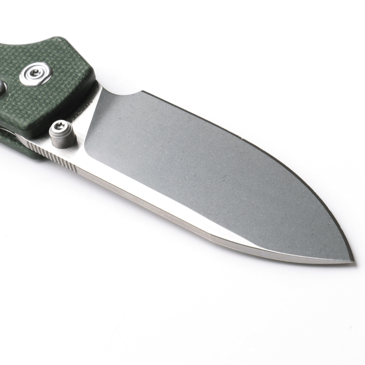 Vosteed Raccoon Knife blade detail, drop point, stonewash finish