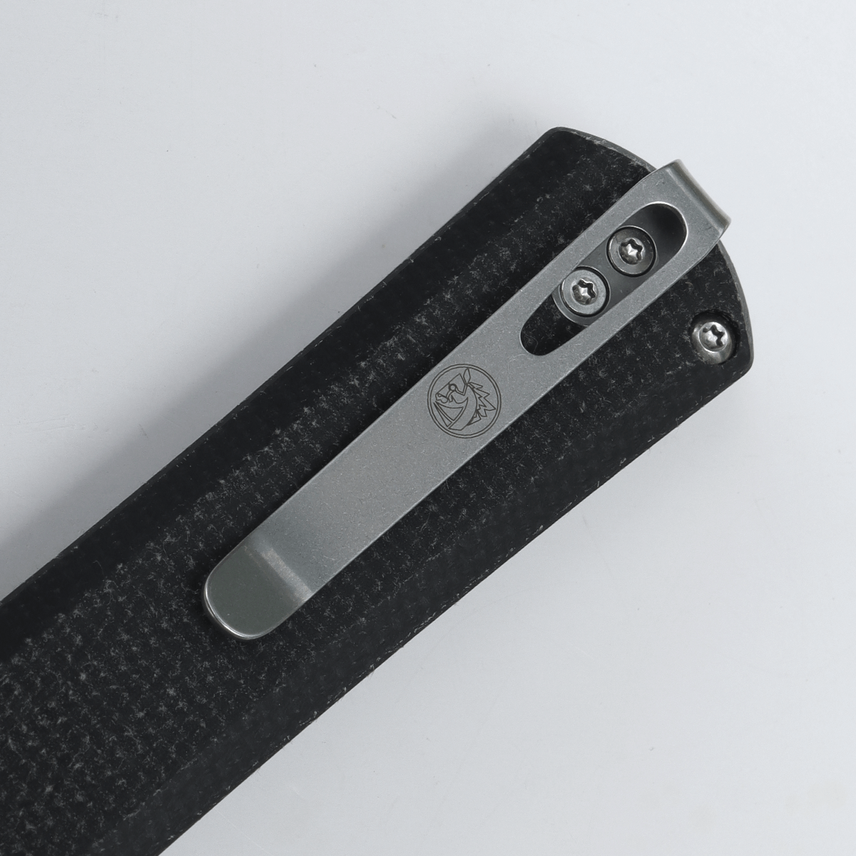 Valkyrie knife pocket clip detail, reversible stainless steel, Vosteed