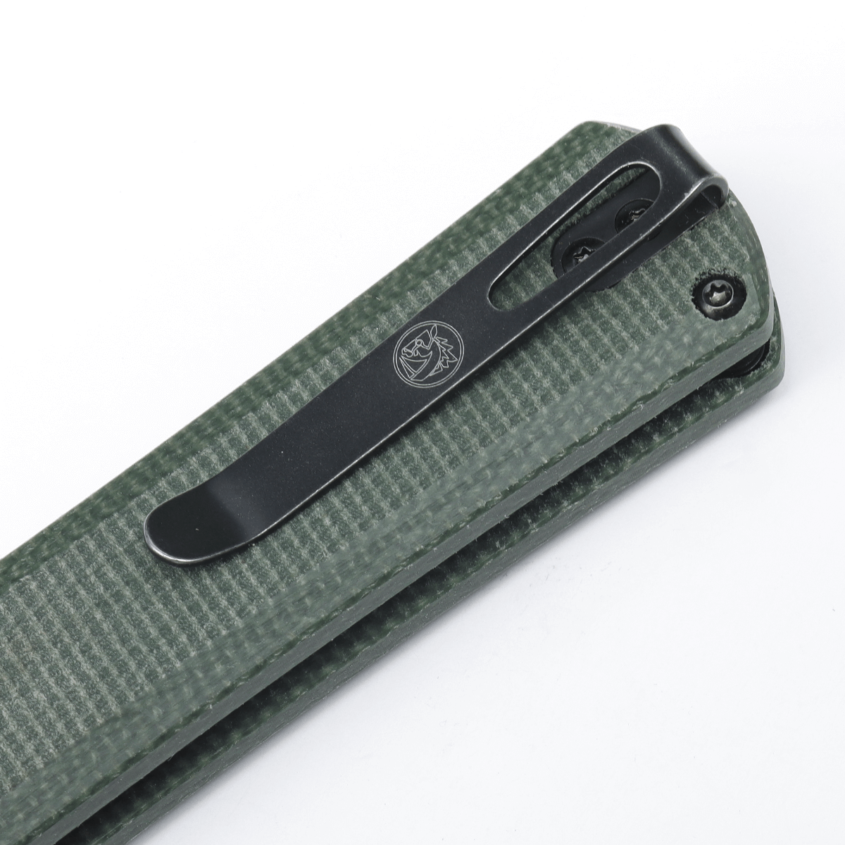 Vosteed Valkyrie pocket clip detail, green Micarta handle