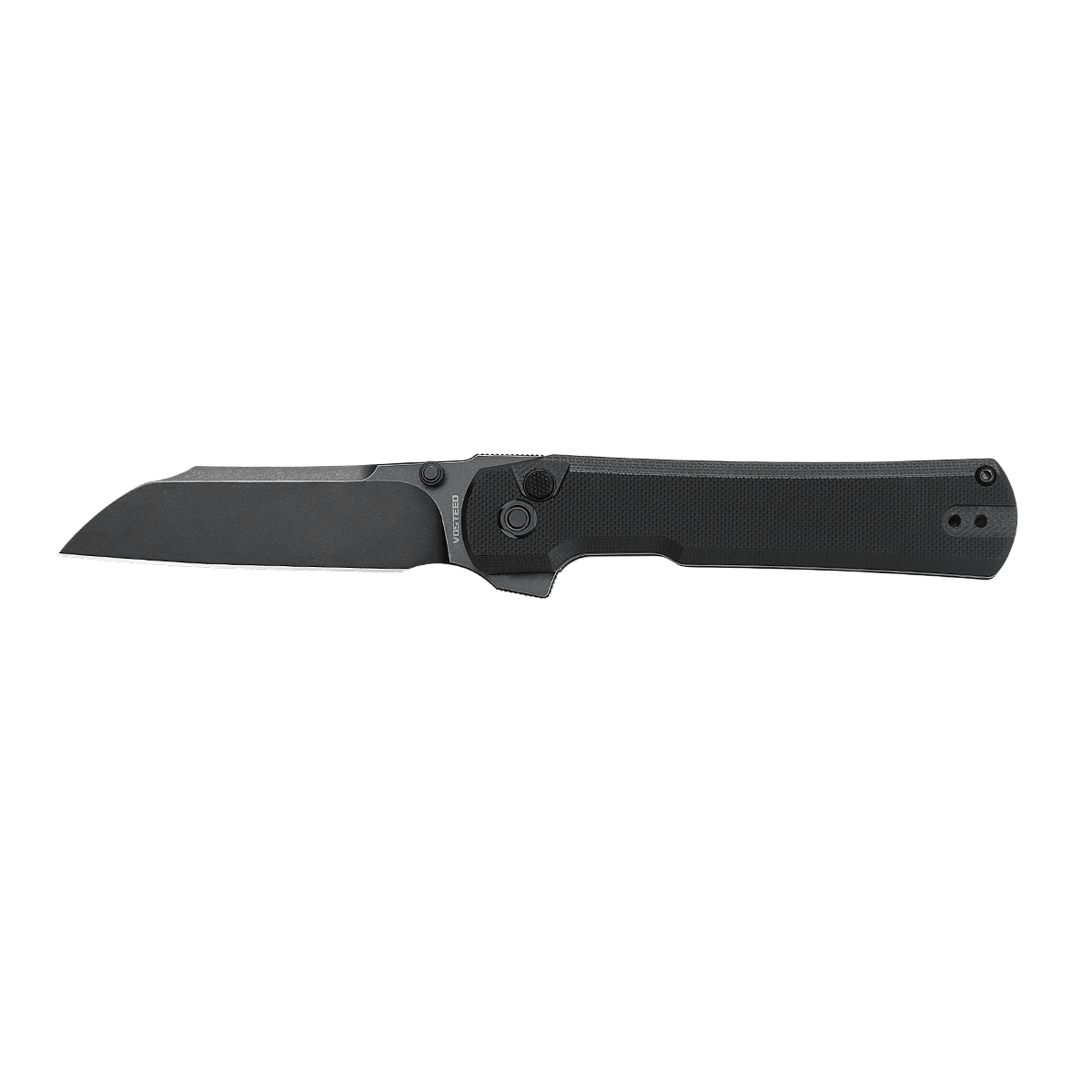 Vosteed Valkyrie knife, black blade open, side view