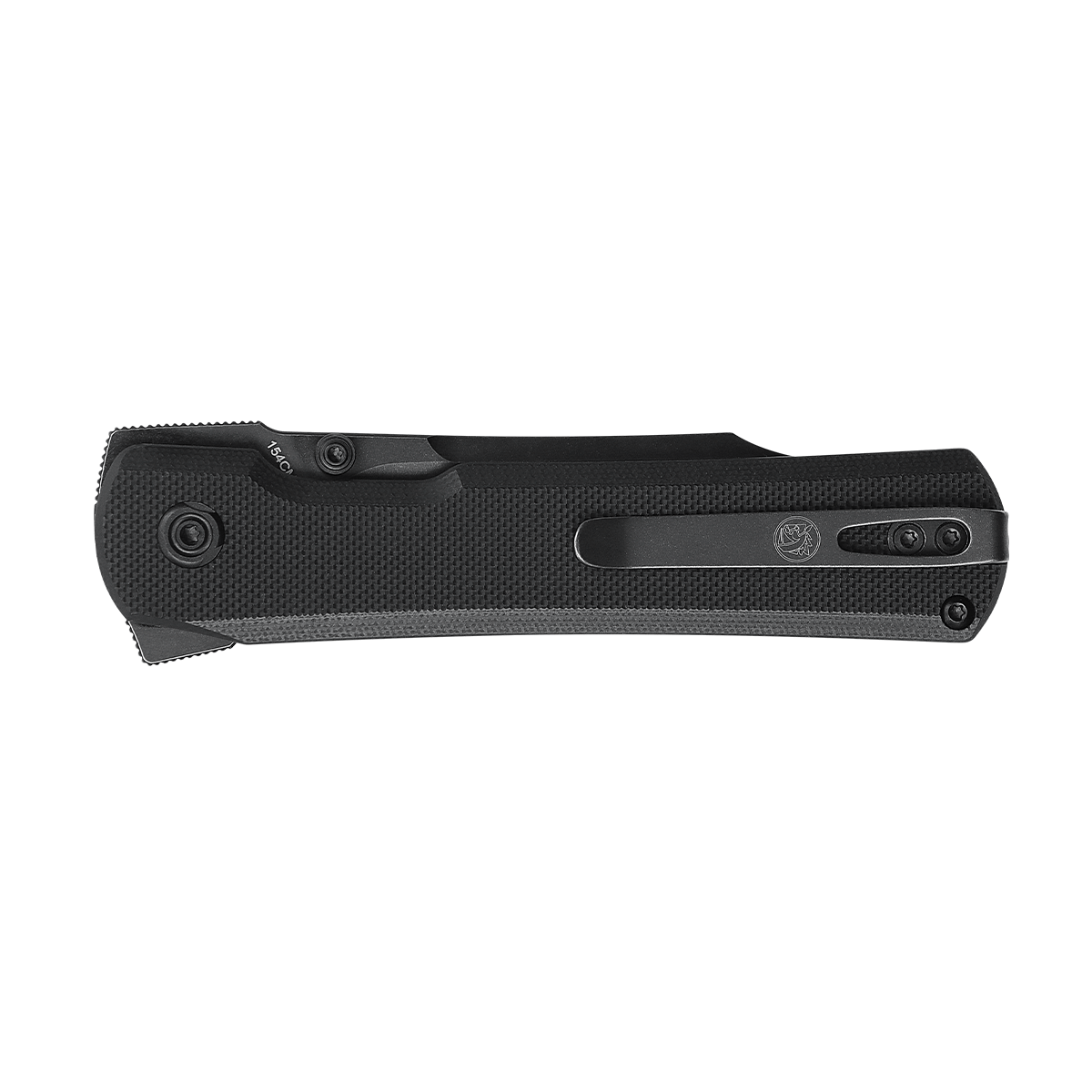 Vosteed Valkyrie knife, closed view, black G10 handle, 154CM detail