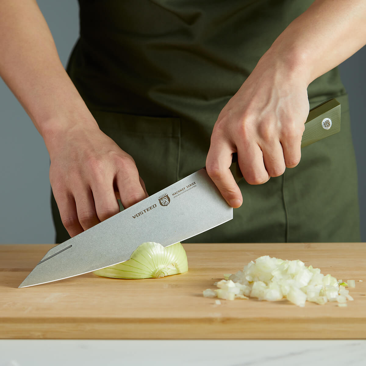 Vosteed Hackney Chef Knife chopping onion